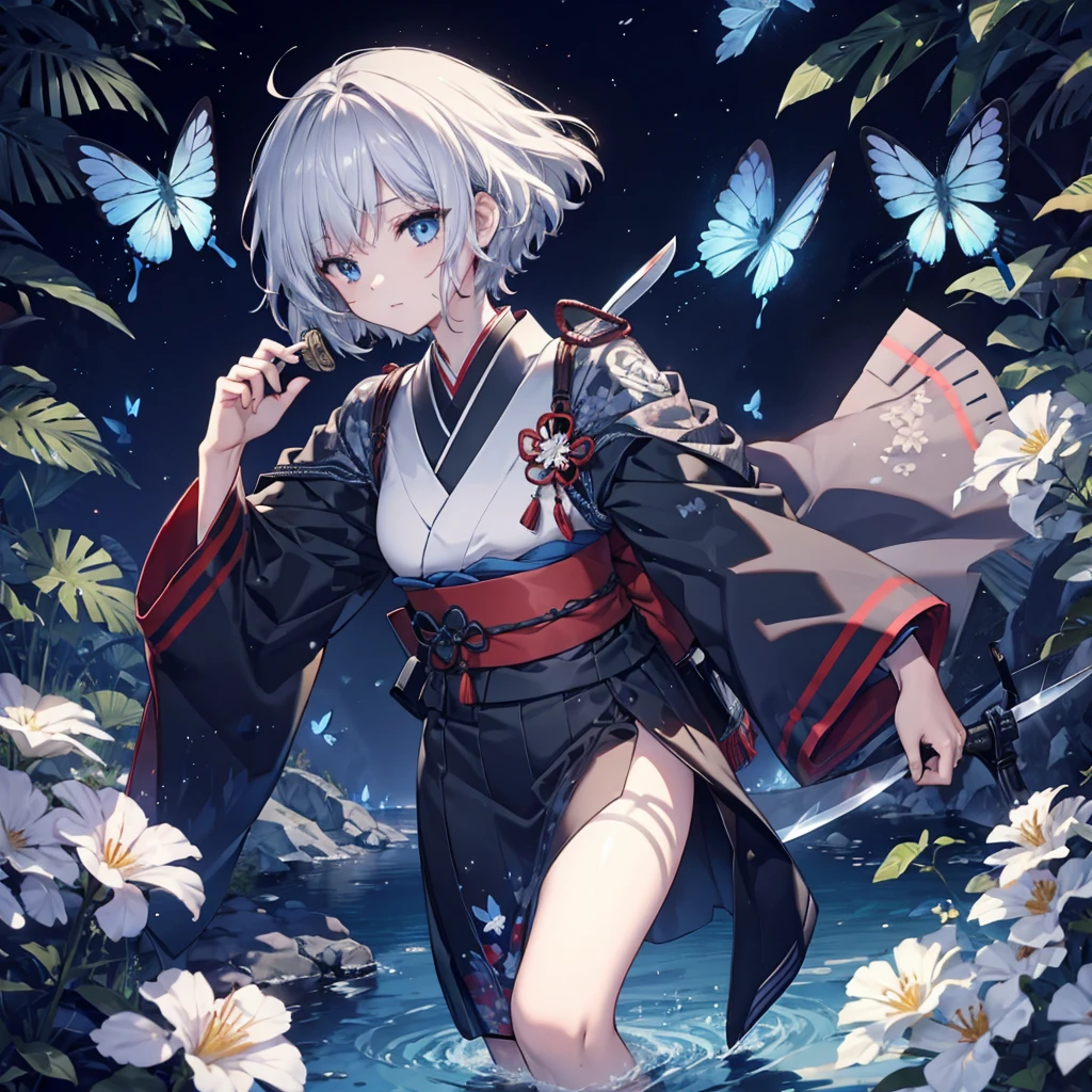 (((1 person)))　((High resolution　Gray Hair　short hair　Black kimono　Shoulder))　((Black Band　military commander　Lonely　despair　blue eyes))　((Blue Butterfly　night　Japanese style　old　Shining Aura　garden　water surface))　(dance　日本knife　knife　Slashing)　moon　star　Draw your sword　Slashing　Catch the wind　