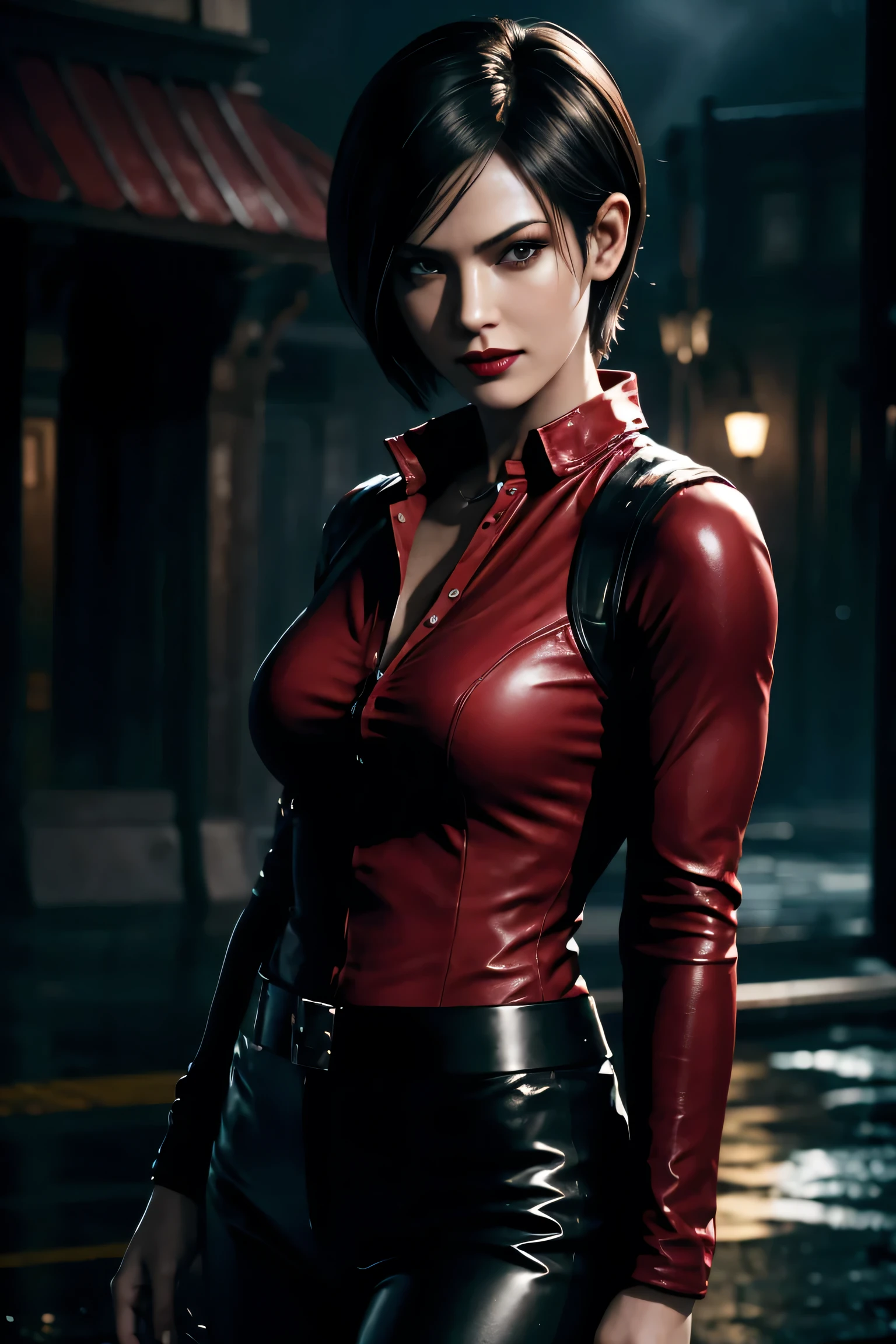 Resident Evil 6,Ada,Short Hair,Red Shirt,Stand up your collar,Black Leather Pants,Photorealistic,Ultra HD,high quality,masterpiece,Digital SLR,Detailed details,Intricate details,Anatomical basis,Depicted in detail,A detailed face,Realistic skin texture,Vivid details,Perfect Anatomy,Perfect Anatomy,Anatomically correct hand,Anatomically correct fingers,Super Detail,Complex 3D rendering,Sexy pose,Rainy Sky,Beautiful scenery,Fantastic rainy sky,Picturesque,Red Lip,smile,