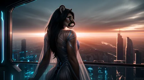Goddess, dramatic pose, a beautiful anthro cougar girl with black hair, gorgeous detailed eyes, uncomfortable, awkward, blushing...