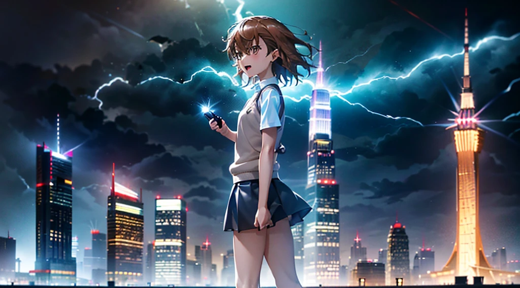 1girl, solo, , tokiwadai , shirt, white shirt, sweater vest, skirt, v-neck, pleated skirt, short sleeves, brown sweater vest, dress shirt, shorts, grey skirt, socks, collared shirt, shoes, loose socks, shorts under skirt, loafers, brown footwear, black skirt, short shorts , misaka mikoto, {{{{stun gun, holding stun gun}}}},:d, muzzle discharge masterpiece, best quality, standing,Urban, City, Skyscrapers, Skyline, Illuminated, Lightning, Thunderous, Bolts, Flashing, Glowing, Vibrant, Electric, Striking, Dynamic, Dramatic, Stormy, Urban sprawl, Nighttime, Silhouette, Energy, Excitement, Thriving, Fast-paced, Metropolis, Traffic, Neon lights, Reflections, Illuminated signs, Rain-soaked, Dramatic contrast, Impressive, Resilient, Towering, Spectacular, Impressive, Bustling, Unforgettable
Show more