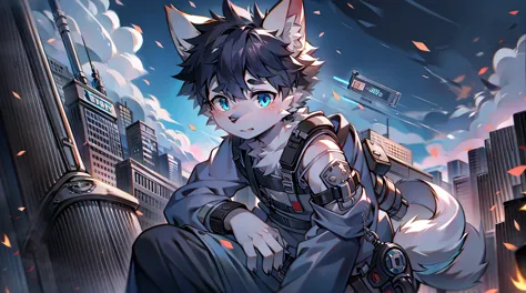 White Wolf，male，juvenile，black hair，hairy，Sky blue eyes，Wolf ears，Wolf Tail，resident Evil，Chemical protective clothing