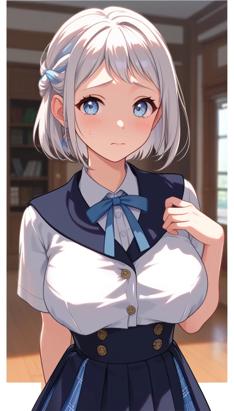 16k,1girl, katsuragi lilja,blue eyes,white hair,short hair,braid,,sailor collar,neck ribbon, white shirt,layered skirt,high-waist skirt,pov,looking view,blush,embarrassed,(((big breast))),((Big Tits)),Open-chested cleavege,breast focus,NSFW,beautiful face,beautiful eyes,details eyes