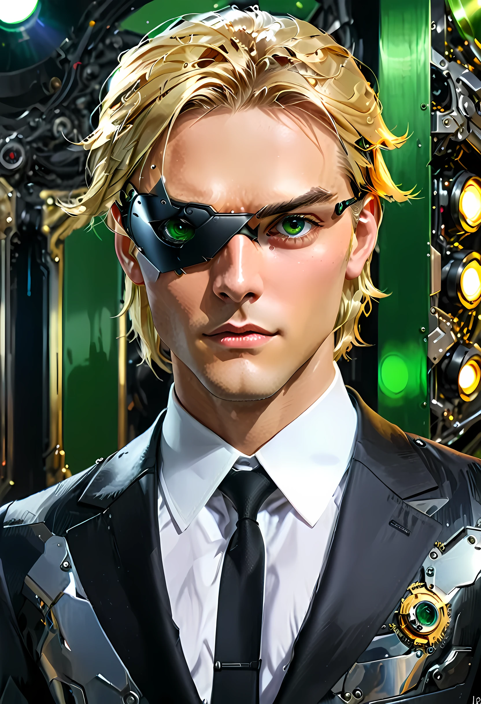 Arafed a picture of a human male spy, wearing dark suit, wearing ((mecha eye patch)), ((eye patch covering only one eye: 1.5))exquisite beautiful male, blond hair, short crop hair, green eyes, eye patch has intricate mechanical part in it, high society gala event background, (Masterpiece: 1.5), 16k, highres, best quality, high details, ultra detailed, masterpiece, best quality, (extremely detailed), 