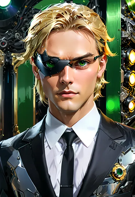 Arafed a picture of a human male spy, wearing dark suit, wearing ((mecha eye patch)), ((eye patch covering only one eye: 1.5))ex...