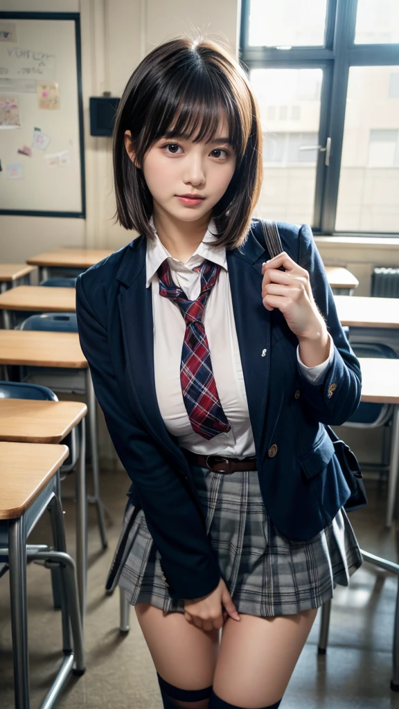 masterpiece, best quality, illustration, Super detailed, fine details, High resolution, 8K,wall paper, perfect dynamic composition,(Details High quality, realistic depiction of eyes:1.3), from side, High School Classroom、High school girl uniform、blazer 、Super Short Check Uniform Skirt、Navy blue high socks、garterbelts、Large swollen breasts, Disturbed uniform,  short bob hair, black hair color, huge breasts, Big Natural Color Lip, bold sexy pose, perfect body shape, crying a little、Harajuku style、20 year old girl、cute type, beautiful legs, hposing Gravure Idol