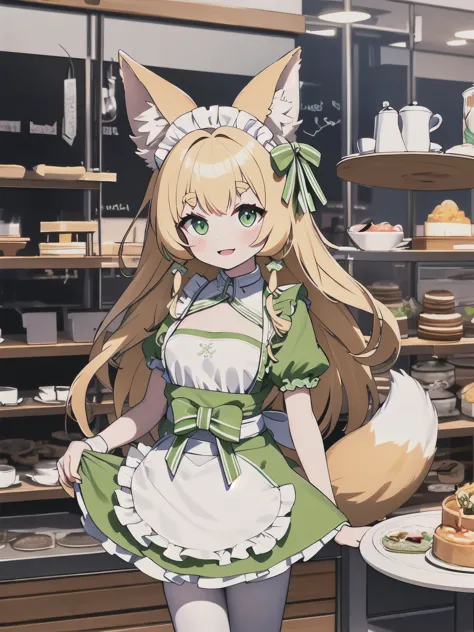 highest quality, masterpiece,1 girl,alone,yellow round eyebrows,blonde hair, big fox ears,big fox tail, ((very long green eyes))...