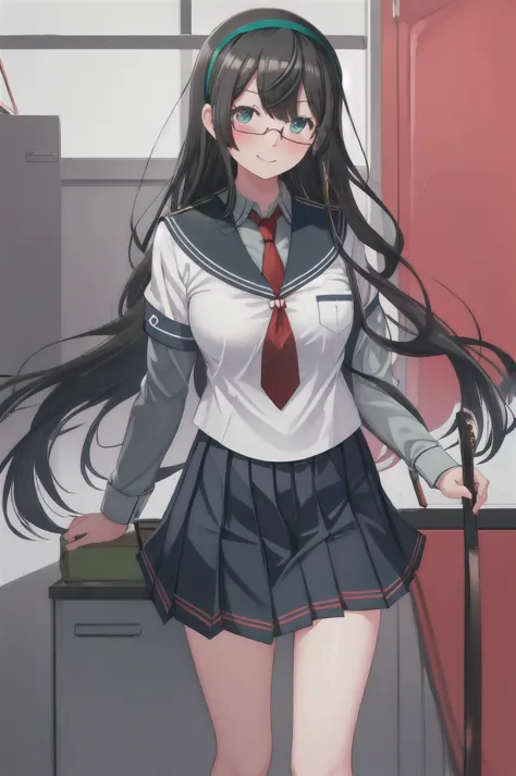 best quality, masterpiece, highres, solo, {ooyodo_kantaicollection:1.15}, black_hair, long_hair, glasses, hairband, semi-rimless...