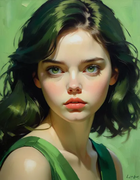 a girl in a green dress, closeup portrait, oil painting, heavy impasto brush strokes, soft warm tones, emotive deep gaze, vulner...