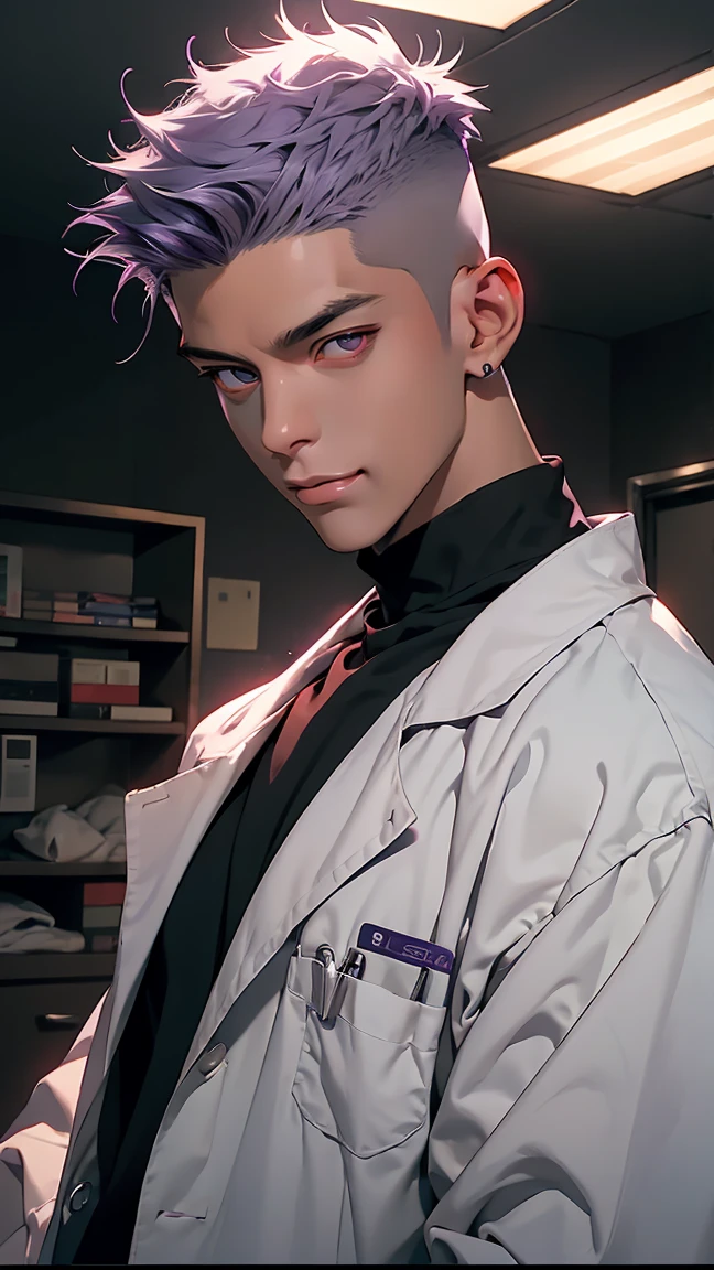 highest quality, 8K, high resolution image, anime style Jujutsu Kaisen, (Cell of Empireo/Seodoa Riddle), detailed strokes, bored look , blurred, purple light reflecting from it, (close angle), 1 man, young, male, model, cool guy, multicolored Background with various geometric shapes, around stickers, muscular, light purple hair, spiky hair, short Hair, swollen chest, Red Eyes, He is wearing hospital clothes under a white doctor's coat, stethoscope, coat/shirt/scrubs, sweatpants, Background: big City hospital, He is a doctor in a hospital, he has a professional understanding compassionate aura, doctor, hospital, treatment room,