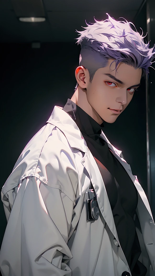 highest quality, 8K, high resolution image, anime style Jujutsu Kaisen, (Cell of Empireo/Seodoa Riddle), detailed strokes, bored look , blurred, purple light reflecting from it, (close angle), 1 man, young, male, model, cool guy, multicolored Background with various geometric shapes, around stickers, muscular, light purple hair, spiky hair, short Hair, swollen chest, Red Eyes, He is wearing hospital clothes under a white doctor's coat, stethoscope, coat/shirt/scrubs, sweatpants, Background: big City hospital, He is a doctor in a hospital, he has a professional understanding compassionate aura, doctor, hospital, treatment room,