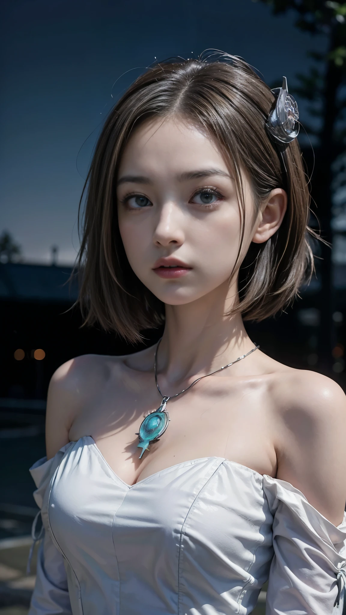 (Highest quality, masterpiece:1.2, Ultra-high resolution), (Reality: 1.4), Original photo, Japanese, One girl, Beautiful Eyes, Beautiful breasts, (Baby Face), Facial beauty, Beautiful Skin, ((Off the shoulder, dress)), Cinema Lighting, Ultra-detailed, (night), trip, Stylish, Female Sniper, Restrictions and commitments, (((The world of HUNTER×HUNTER:1.3, Psychic:1.3, Spirit Beast:1.3))), (Detailed eyes and face:1.2), (Detailed hands:1.1), (Perfect Anatomy:1.2), Short Hair, (Gaze at the viewer:1.3)