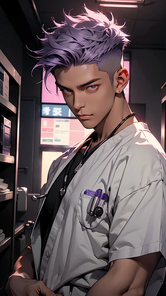 highest quality, 8K, high resolution image, anime style Jujutsu Kaisen, (Cell of Empireo/Seodoa Riddle), detailed strokes, bored look , blurred, purple light reflecting from it, (close angle), 1 man, young, male, model, hand in pocket, cool guy, multicolored Background with various geometric shapes, around stickers, muscular, light purple hair, spiky hair, short Hair, swollen chest, Red Eyes, He is wearing hospital clothes, stethoscope, shirt/scrubs, sweatpants, Background: big City hospital, He is a doctor in a hospital, he has a professional understanding compassionate aura, doctor, hospital, treatment room,