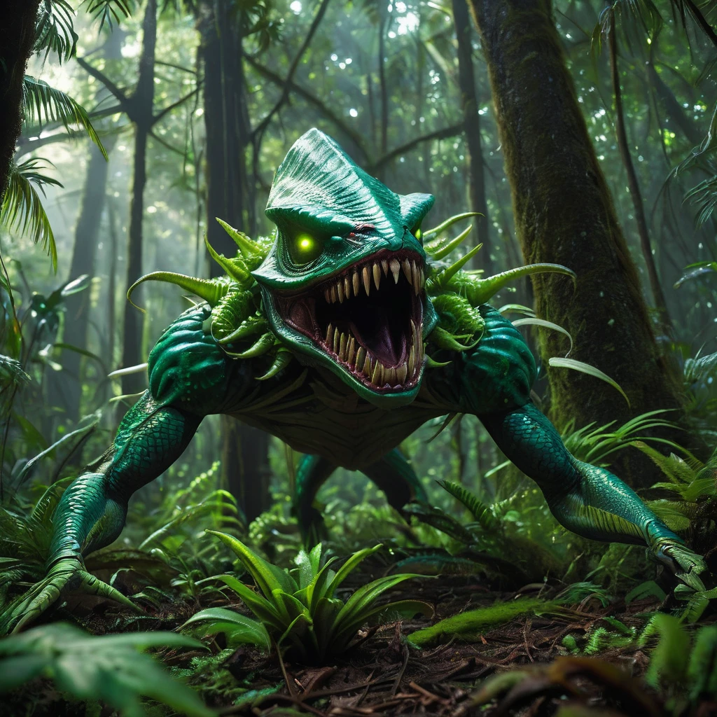 Body length is about 5 meters,Weight: about 700 kilograms,It has a huge mouth covered with sharp fangs.,It has glowing green scales on its back.,Cinematic shot of a deadly plant alien, Sharp Eyes, Mouth oozes mucus and deadly spores, Standing in an exotic forest filled with exotic plants, High resolution, masterpiece, Highest quality, Super detailed, Super detailed,