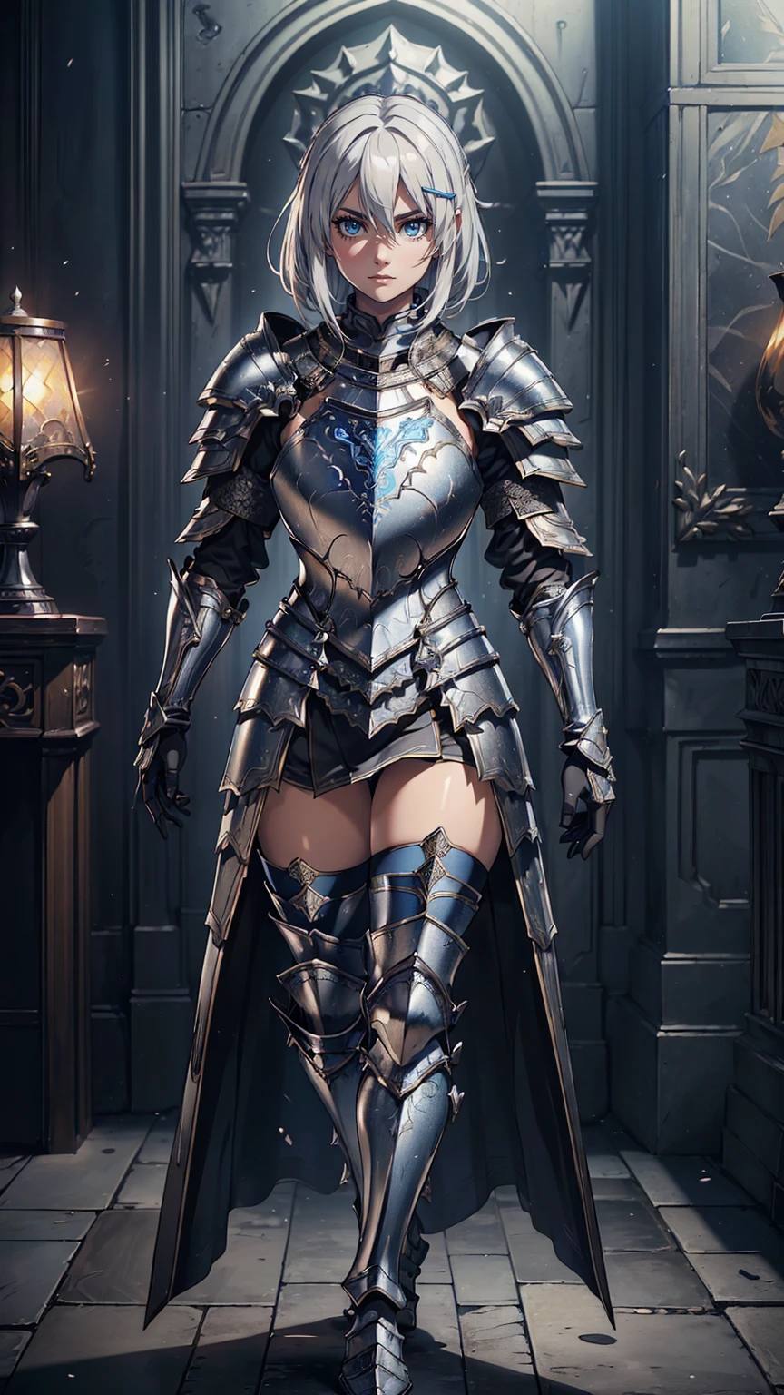 最high quality、Ultra High Definition, Ultra High Quality, Hyper Definition, Hyper Quality, Hyper Detailed, Extremely Detailed, Perfectly Detailed, Best image quality、masterpiece、woman((40-year-old、  Blue glowing eyes, Silver Short Curve Hair、Disheveled Hair、Curve White Hair、Noble Armor,  Lips,  Long Gloves, Strict Expression,  Armored With Full Coverage Noble Plate Armor, Leg Armor)),high quality、Beautiful art、background((Inside the mansion))、Written boundary depth、movie、Visual Arts、Perfect art、8K,Genuine、