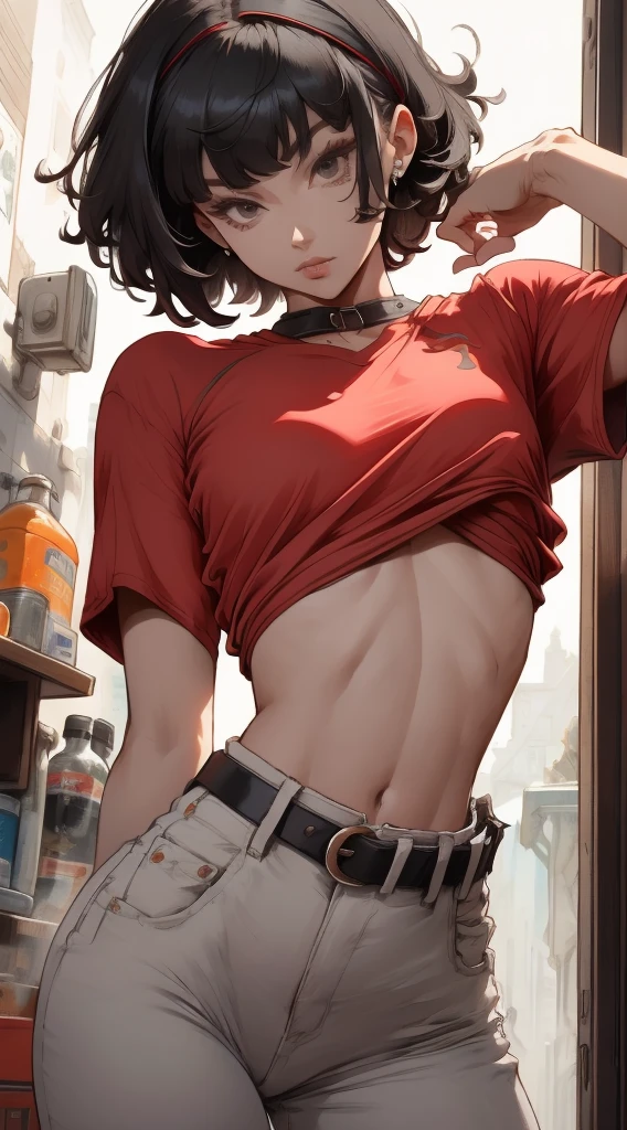 ,pan,1girl, solo, black eyes, bangs, black hair, short hair, bandana, red shirt, crop top, midriff, belt, gray pants, ,1girl, seductive, delicate,