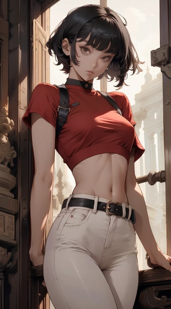 ,pan,1girl, solo, black eyes, bangs, black hair, short hair, bandana, red shirt, crop top, midriff, belt, gray pants, ,1girl, seductive, delicate,