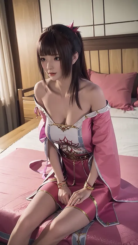 一个女孩lying in bed，face up，raise your legs slightly，front view super detailed beautiful big breasted girl 16 years old. ultra hd, ...