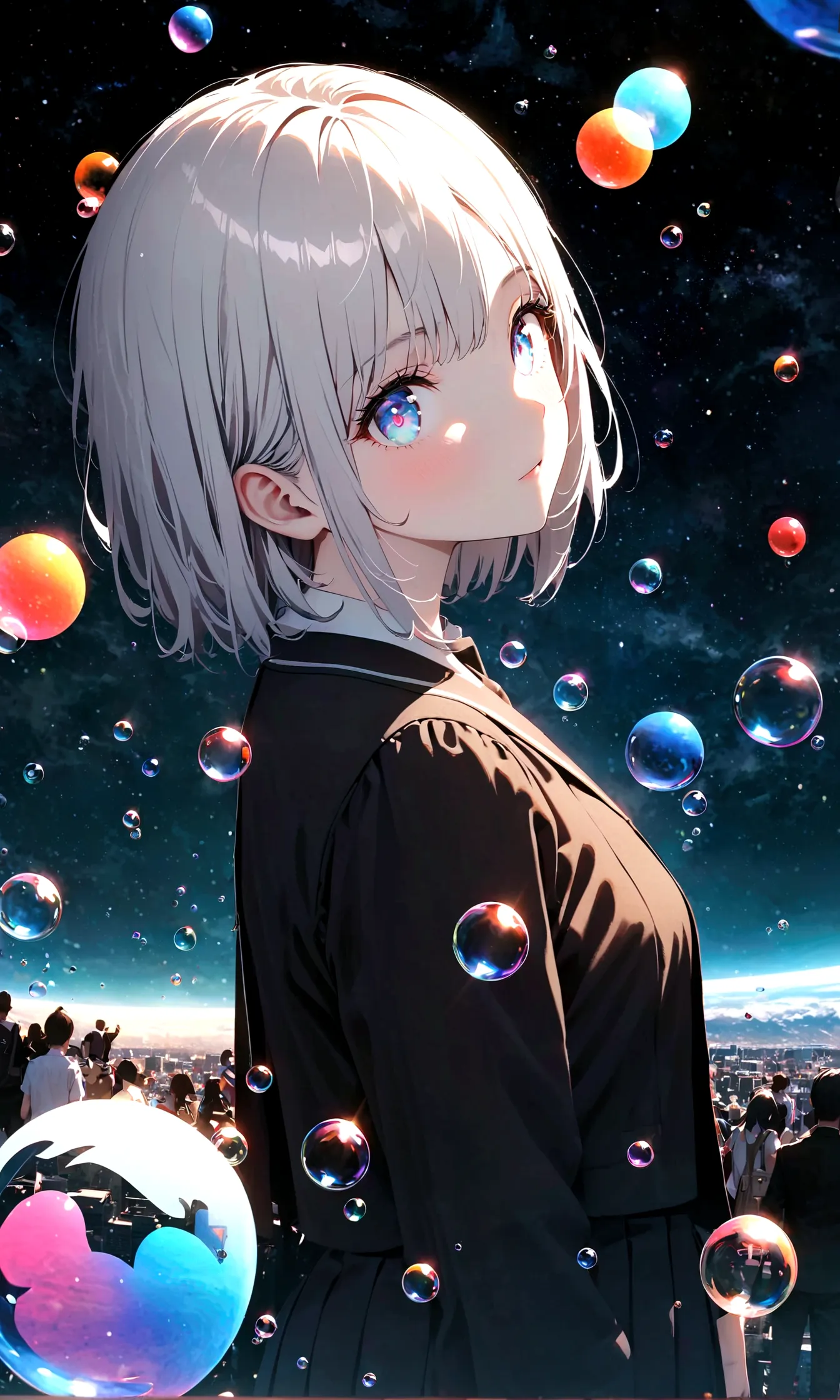 (woman\(student, 20-year-old, ＪＫ, Her short silver hair sways, Space-colored eyes, school black uniform, Pale skin) Look up at t...