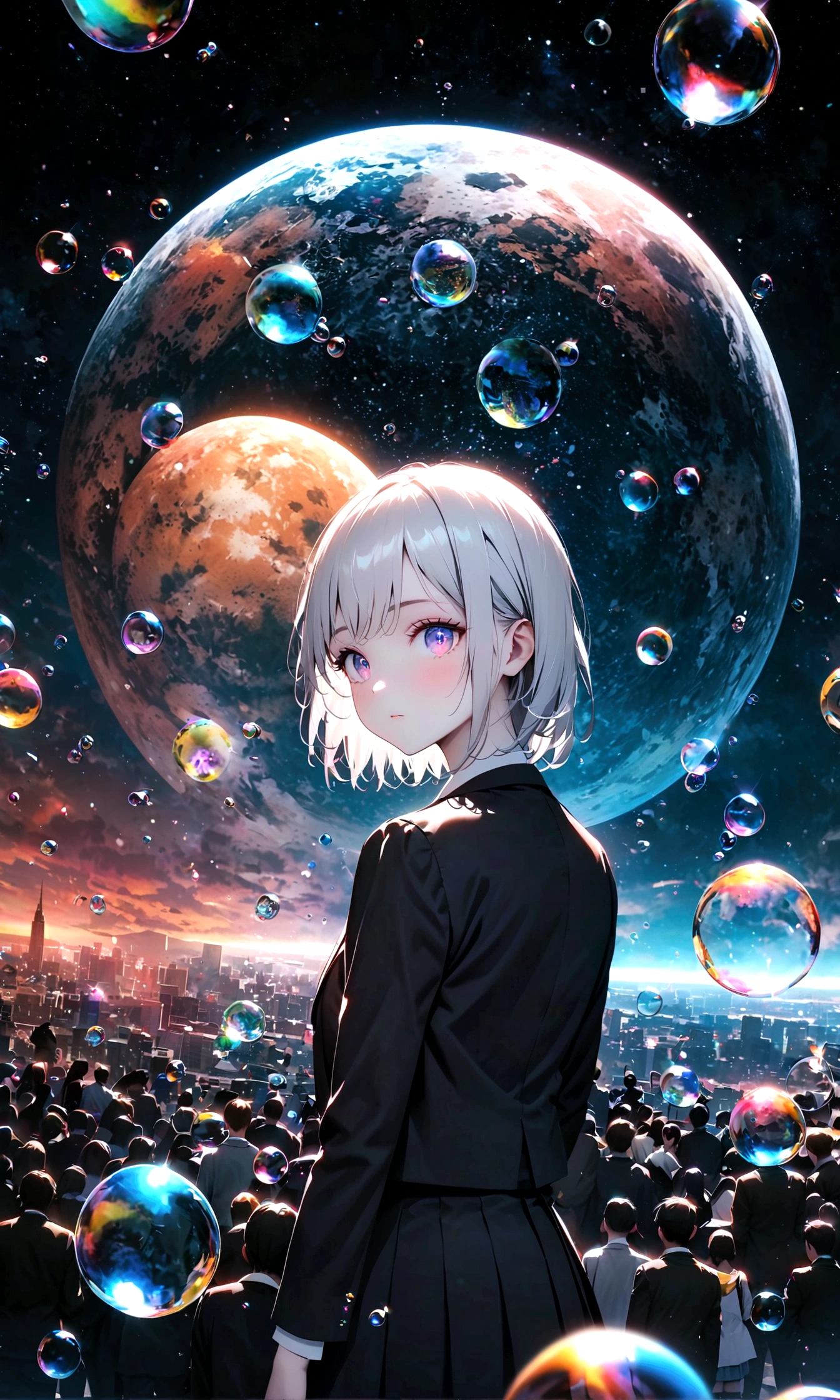 (woman\(student, 20-year-old, ＪＫ, Her short silver hair sways, Space-colored eyes, school black uniform, Pale skin) Look up at the sky), (A large glass-colored whale swims in the air), Beautiful sky, Beautiful Clouds, Colorful summer flowers are blooming everywhere., (Transparent bubbles shine like prisms here and there in the sky), There is a noon moon and a noon star in the sky, In a crowded downtown, BREAK ,quality\(8K,Highly detailed CG unit wallpaper, masterpiece,High resolution,top-quality,top-quality real texture skin,surreal,Increase the resolution,RAW Photos,highest quality,Very detailed,wallpaper,Cinema Lighting,Ray Tracing,Golden Ratio\),(Long Shot),Wide Shot,