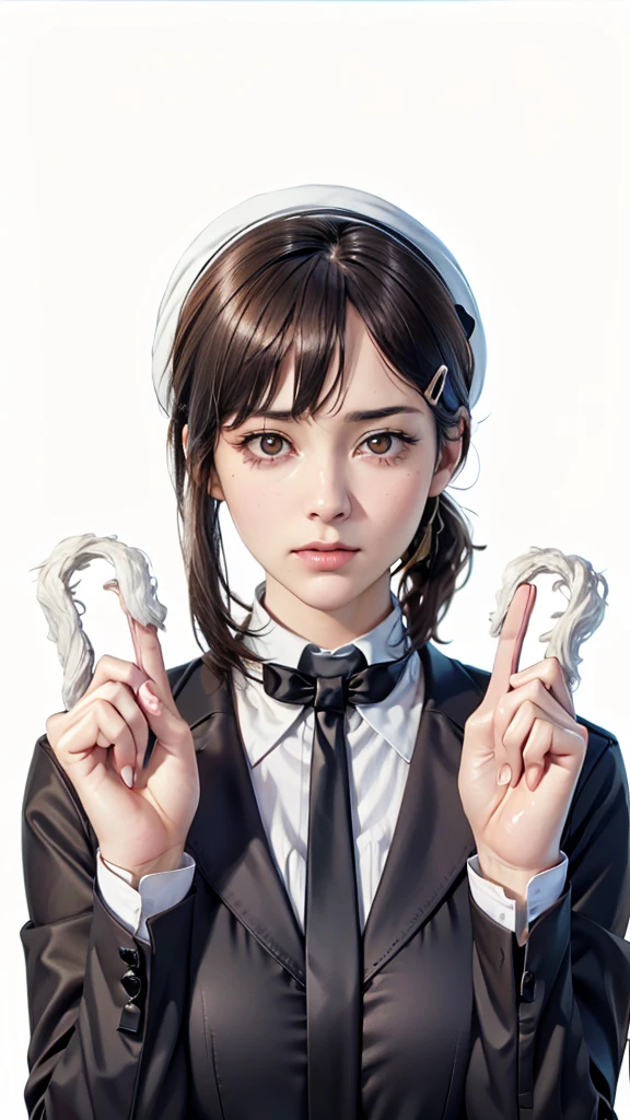 (（（Perfect body,White and tender skin,（（（Black strap dress, black long bow tie, white lining, black hat）））,（（（kobeni higashiyama, black hair, hair ornament, hairclip,  ponytail, short hair, (brown eyes:1.5),）））,((masterpiece)),highres,((Best quality at best)),masterpiece,quality,Best quality,(（（ Exquisite facial features,Looking at the audience,There is light in the eyes,(（（frown，Wronged））），Scissor hand）））,（（（Light and shadow,Huge breasts,）））,（（（Looking at the camera,White background)））)