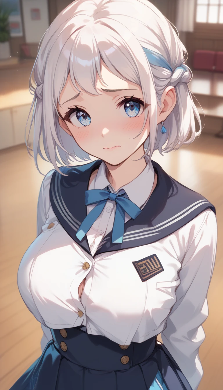 16k,1girl, lilja-default,katsuragi lilja,blue eyes,white hair,short hair,braid,,sailor collar,neck ribbon, white shirt,layered skirt,high-waist skirt,pov,looking view,blush,embarrassed,(((big breast))),((Big Tits)),The chest is open,cleavege,breast focus,NSFW,beautiful face,beautiful eyes,details eyes