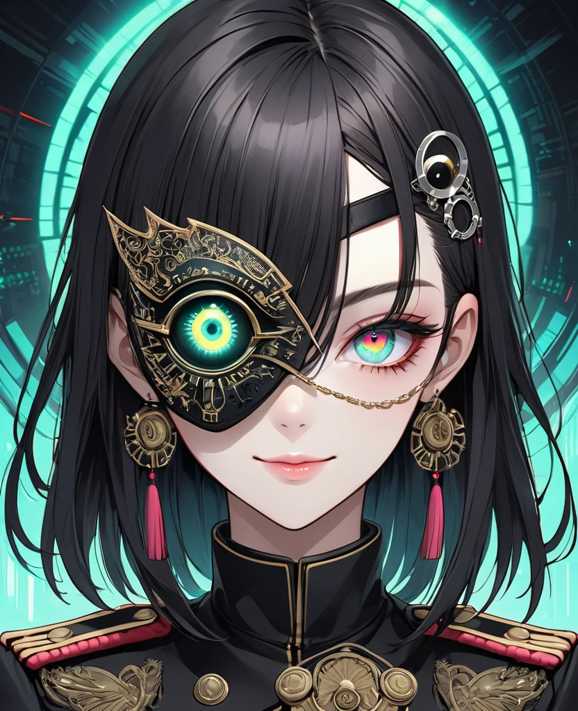 (Digital Illustration，Detailed anime style，Heavy Metal Cyberpunk，Pearl tassel eye mask，Portrait of girl wearing mask eye patch，Solitary，symmetry)，(Big colorful eyes，Fashionable and exquisite facial features，Exquisite makeup，Smooth skin，Smile，Soulful gaze，)，(Straight Hair，Hairpin)，(Black suit，Epaulettes-Chain，cool，)，(((Correct human anatomy)))，Radioactive geometric dynamic light wave background