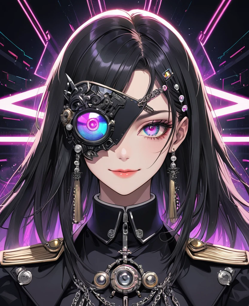 (Digital Illustration，Detailed anime style，Heavy Metal Cyberpunk，Pearl tassel eye mask，Portrait of girl wearing mask eye patch，Solitary，symmetry)，(Big colorful eyes，Fashionable and exquisite facial features，Exquisite makeup，Smooth skin，Smile，Soulful gaze，)，(Straight Hair，Hairpin)，(Black suit，Epaulettes-Chain，cool，)，(((Correct human anatomy)))，Radioactive geometric dynamic light wave background
