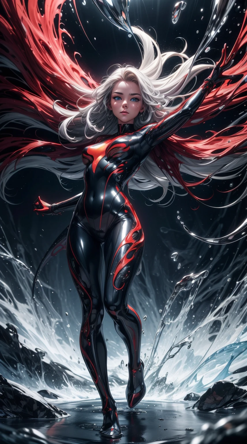 highly detailed full body portrait, erotic pose, beautiful succubus, wearing a metallic dripping liquid bodysuit, silver fluid bodysuit, red fluid bodysuit, vfx film, flowing liquids, fluidic dynamics, 3 d fluid simulation render, octane redshift, schlieren flow visualisation, swirling liquids, red and silver color palette 8k, abstract liquid, fluid simulation, ultra detailed, (masterpiece), (best quality), (detailed lighting) (anatomically correct), (hyper-intricate-fine-detailed), (beautiful-face-detailed), (beautiful-eyes-detailed), (high res), (accuracy), 8k, (raytraced), UHD