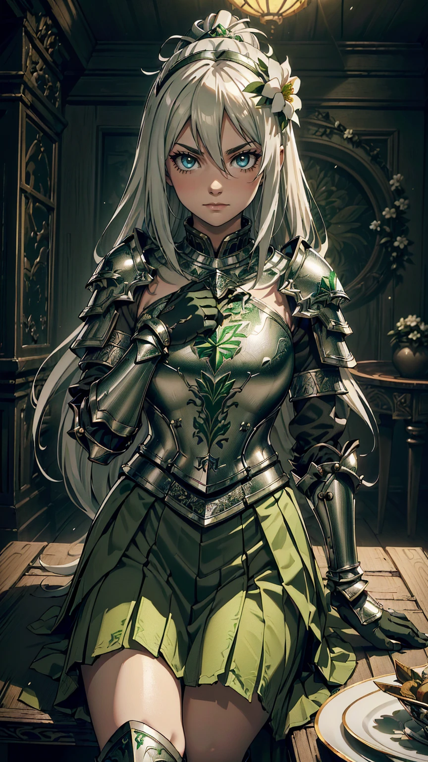 最high quality、Ultra High Definition, Ultra High Quality, Hyper Definition, Hyper Quality, Hyper Detailed, Extremely Detailed, Perfectly Detailed, Best image quality、masterpiece、woman((20-year-old、Sitting, By becoming、Best Bust、Medium Bust, Noble Armor, Green glowing eyes, Silver long Hair、Disheveled Hair、Long White Hair、thin, Glove、Green Skirt,  Smirk、Hair White Flower Barrette、Armored With Full Coverage Noble Plate Armor, Leg Armor,)),high quality、Beautiful art、background((Inside the mansion))、Written boundary depth、movie、Visual Arts、Perfect art、8K,Genuine、