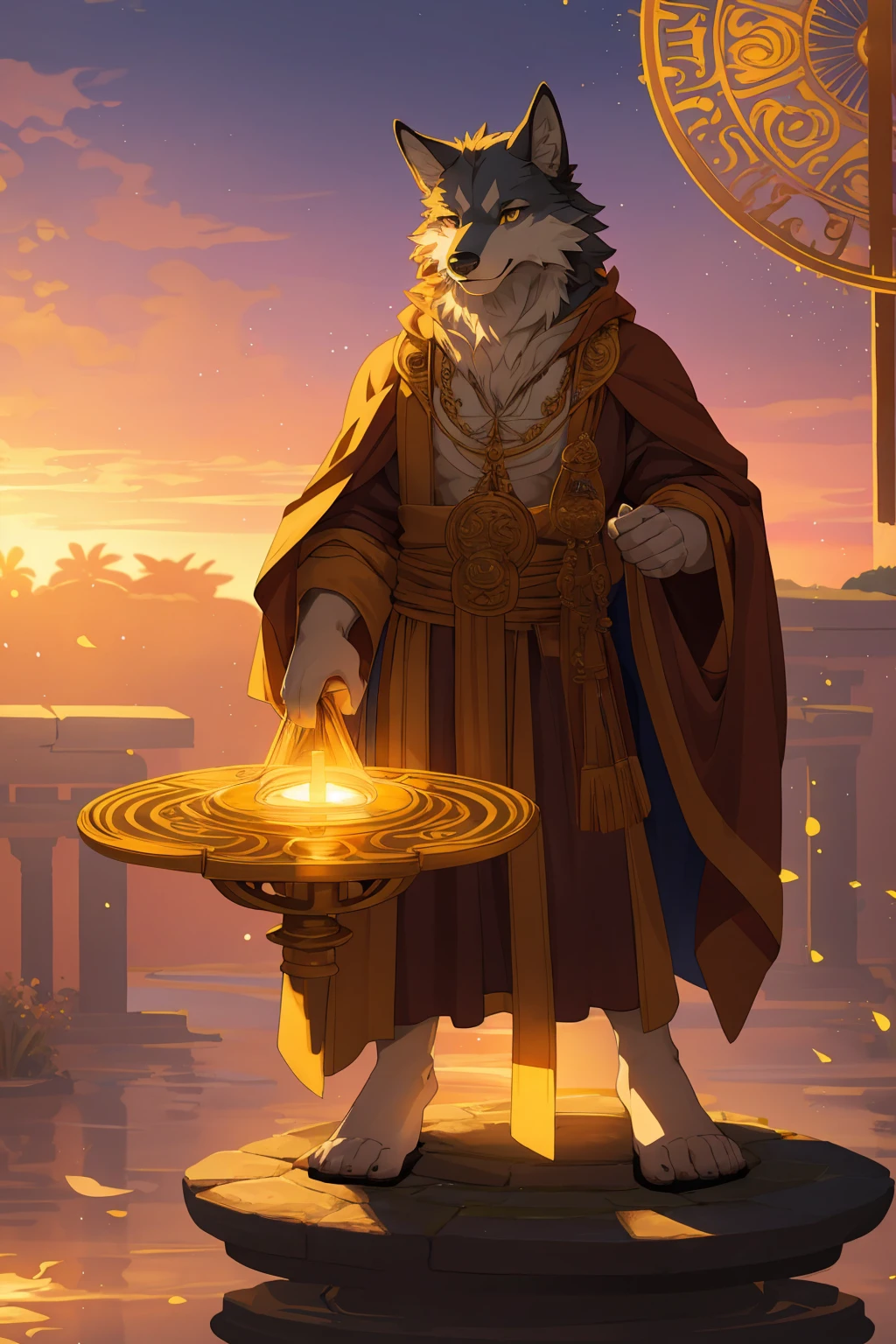 male wolf monk in the garden,dreamy background,lotus position,put one's palms together,The Sanskrit golden wheel behind it,Flying golden Sanskrit,kindness, divinity,divine light,holy light,boundless light,magnificent sunset background,octane render,gorgeous features,beautifully detailed eyes,intricate fur,detailed face,perfect skin texture,extreme details,full body view,cinematic lighting,professional lighting,centered, looking at camera,8k,shot with Hasselblad X1D-50, maximum focus, depth of field, perfect lighting, light particles,(best quality),(masterpiece),(ultra detailed),sharp focus,light particles