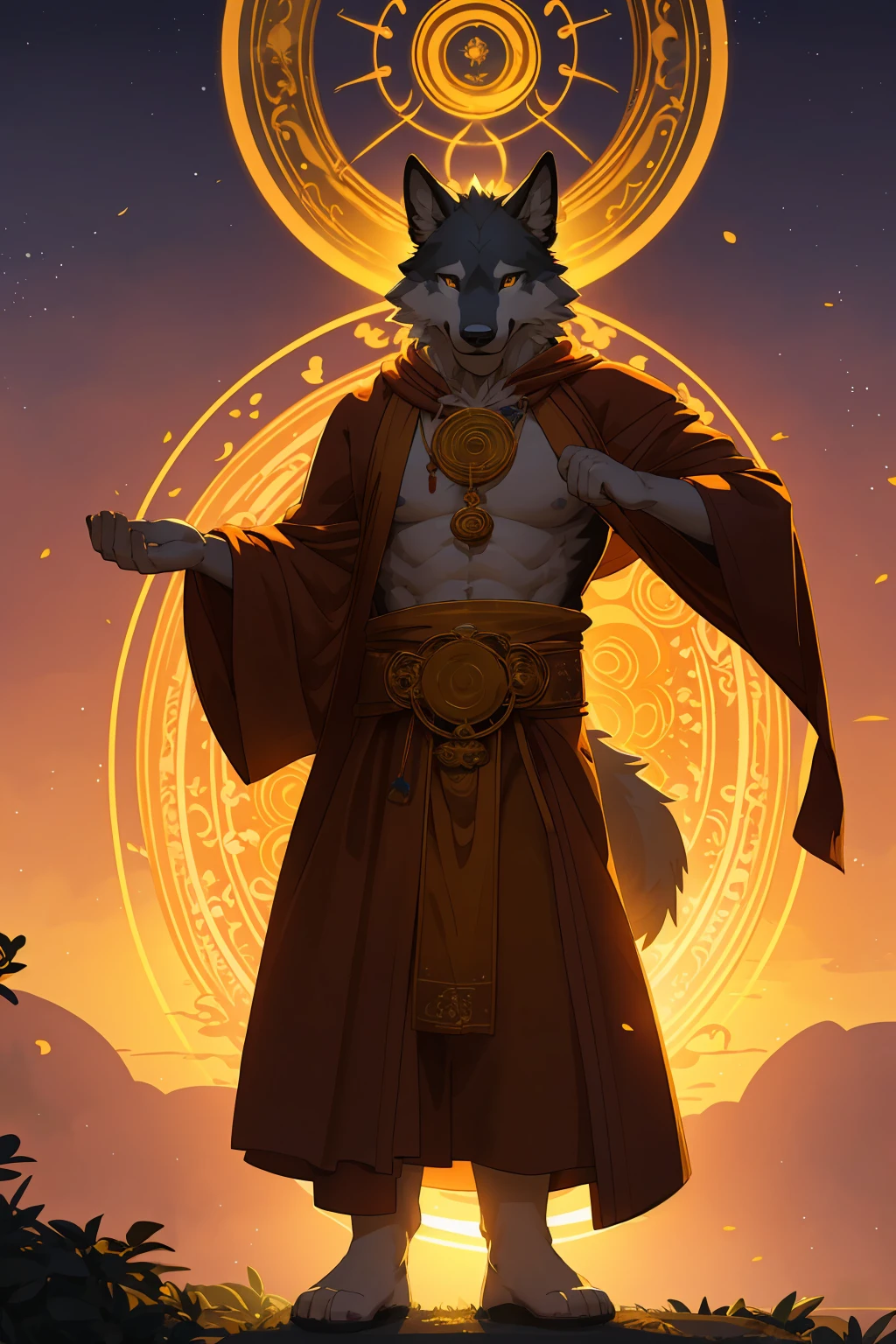 male wolf monk in the garden,dreamy background,lotus position,put one's palms together,The Sanskrit golden wheel behind it,Flying golden Sanskrit,kindness, divinity,divine light,holy light,boundless light,magnificent sunset background,octane render,gorgeous features,beautifully detailed eyes,intricate fur,detailed face,perfect skin texture,extreme details,full body view,cinematic lighting,professional lighting,centered, looking at camera,8k,shot with Hasselblad X1D-50, maximum focus, depth of field, perfect lighting, light particles,(best quality),(masterpiece),(ultra detailed),sharp focus,light particles