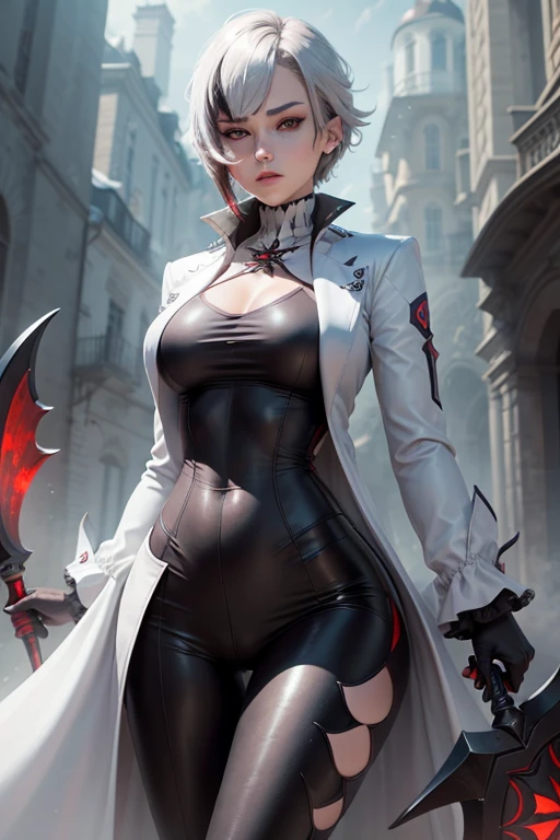 woman, in her twienties, short hair, proportional hands, Arlecchino anime eyes, perfect body, white coat, wearing black leggings, Ultra HD, 4k image, image of best quality, (fidelity: 1.4), photoreal, Red eyes, eyelashes, beautiful pupil, red shadows, reasonable facial features, natural poses, 1 girl, standing, fully dressed, serious face, very detailed face, high quality face, 4k, tired face, small dark circles eyes, black gloves, holding a crimson scythe, big breast