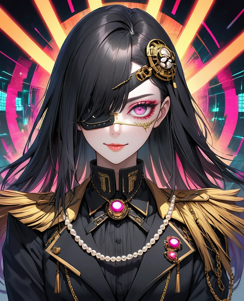 (Digital Illustration，Detailed anime style，Heavy Metal Cyberpunk，Pearl tassel eye mask，Portrait of girl wearing mask eye patch，Solitary，symmetry)，(Big colorful eyes，Fashionable and exquisite facial features，Exquisite makeup，Smooth skin，Smile，Soulful gaze，)，(Straight Hair，Hairpin)，(Black suit，Epaulettes-Chain，cool，)，(((Correct human anatomy)))，Radioactive geometric dynamic light wave background