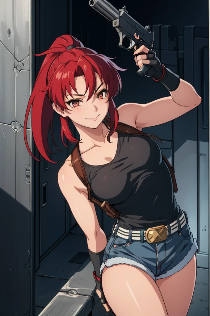 1girl, cute, sexy, red hair, cowboy shot, solo, revy, evil smile, holding gun, handgun, pistol, ponytail, tank top, fingerless gloves, denim shorts, holster, belt, newest