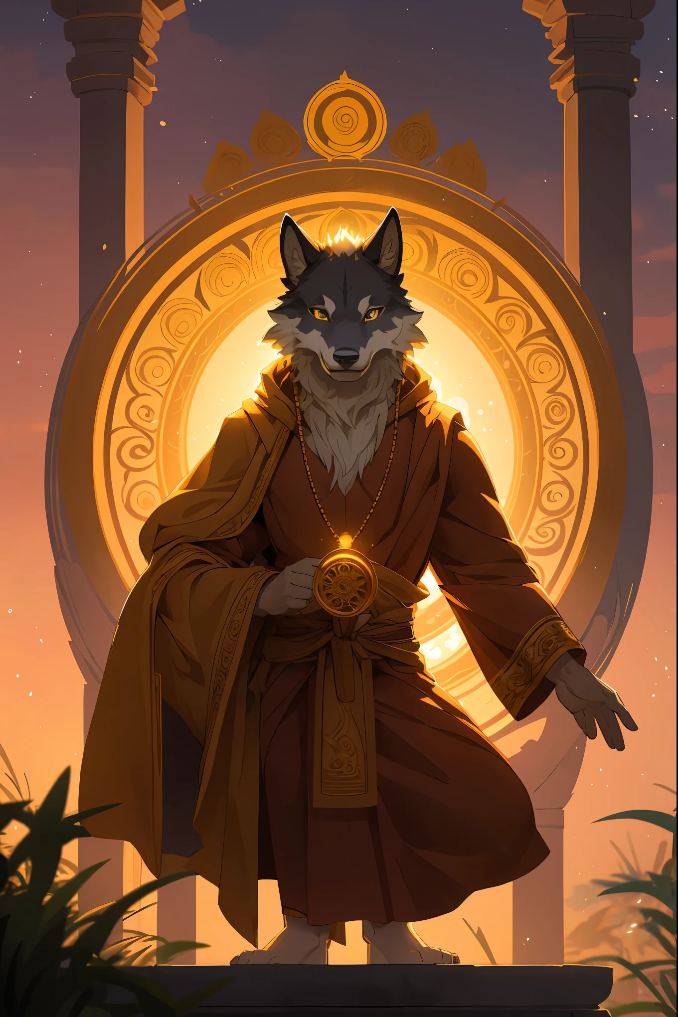 male wolf monk in the garden,dreamy background,lotus position,put one's palms together,The Sanskrit golden wheel behind it,Flying golden Sanskrit,kindness, divinity,divine light,holy light,boundless light,magnificent sunset background,octane render,gorgeous features,beautifully detailed eyes,intricate fur,detailed face,perfect skin texture,extreme details,full body view,cinematic lighting,professional lighting,centered, looking at camera,8k,shot with Hasselblad X1D-50, maximum focus, depth of field, perfect lighting, light particles,(best quality),(masterpiece),(ultra detailed),sharp focus,light particles