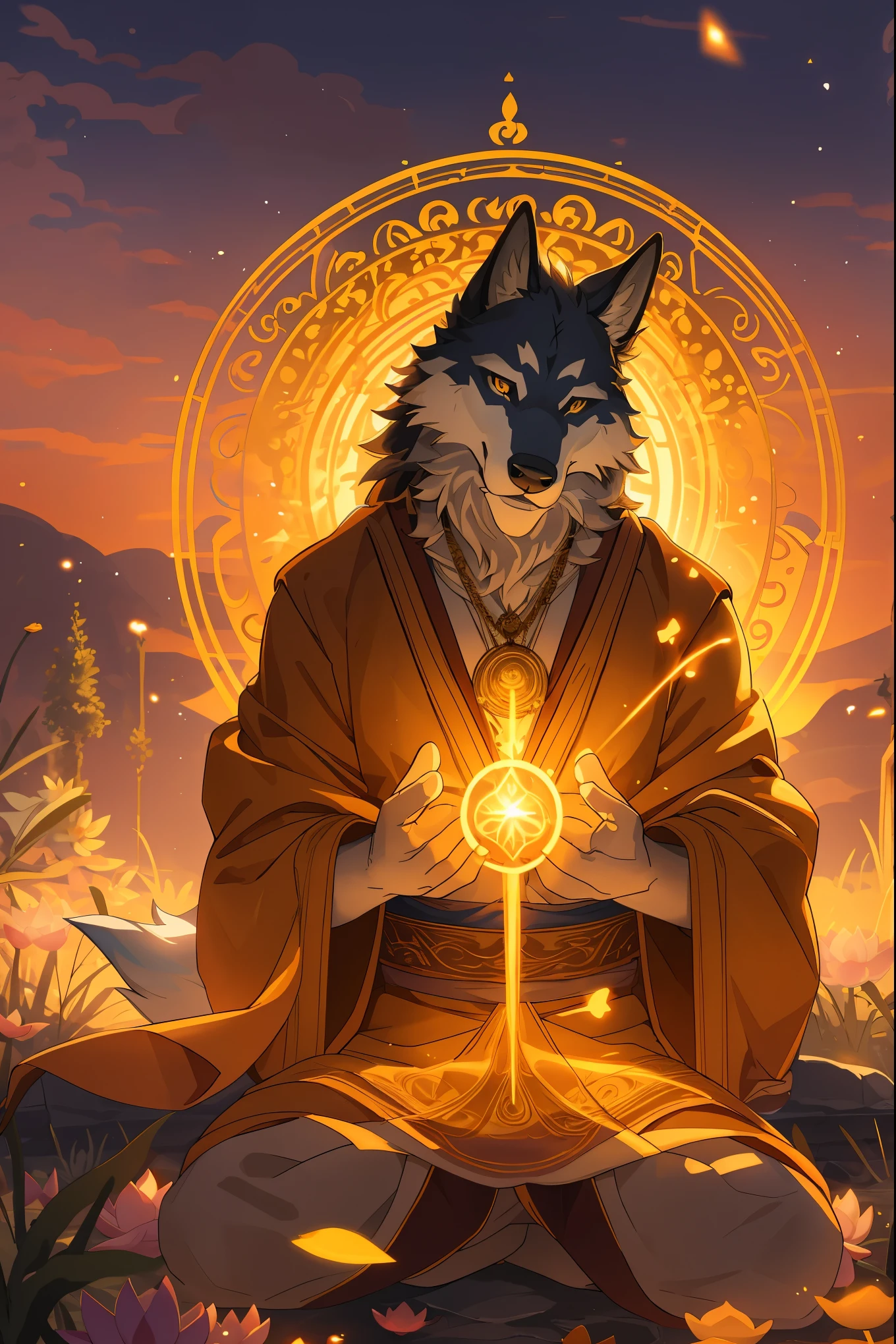 male wolf monk in the garden,dreamy background,lotus position,put one's palms together,The Sanskrit golden wheel behind it,Flying golden Sanskrit,kindness, divinity,divine light,holy light,boundless light,magnificent sunset background,octane render,gorgeous features,beautifully detailed eyes,intricate fur,detailed face,perfect skin texture,extreme details,full body view,cinematic lighting,professional lighting,centered, looking at camera,8k,shot with Hasselblad X1D-50, maximum focus, depth of field, perfect lighting, light particles,(best quality),(masterpiece),(ultra detailed),sharp focus,light particles