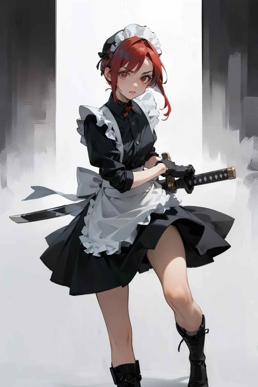 (masterpiece), ((best quality)), (super detailed), (beautiful eyes beautiful details eyes, Clean and delicate face), solo, serious, battoujutsu, Red bob hair, (red eyes, maid fashion, white brim, mini skirt), thigh, black gloves, black army boots