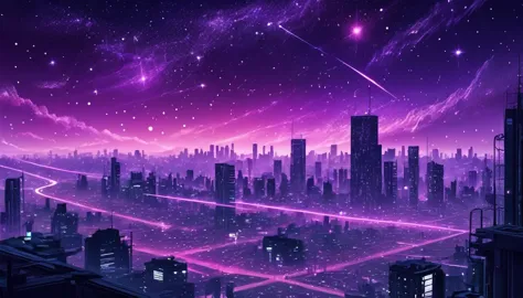Starry sky with constellations, Purple hue like a nebula, Vast space, The Bottom of Cyberpunk City,  