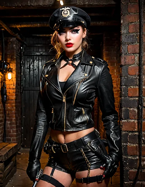(Black leather eyepatch:1.9), young and very beautiful woman in black sexy tight military uniform. Highly detailed facial featur...