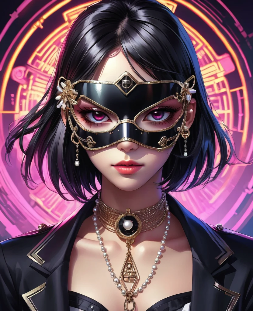 (illustration numérique，Style d&#39;anime détaillé，Cyberpunk métal lourd，Masque pour les yeux à pompon perlé，Portrait d&#39;une jeune fille portant un masque pour les yeux，Solitaire，symétrie)，(De grands yeux colorés，Caractéristiques du visage à la mode et exquises，Maquillage exquis，Peau douce，sourire，Regard émouvant，)，(Cheveux raides，épingle à cheveux)，(costume noir，Épaulettes-Chaîne，cool，)，(((corriger l&#39;anatomie humaine)))，，tendre la main：1.37.Fond d&#39;onde lumineuse dynamique géométrique radioactive