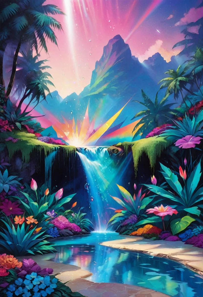 Un paraíso etéreo de pétalos de colores pastel, cristales en cascada, y un brillo, piscina cristalina que refleja un caleidoscopio de luces de neón.Arte Splash hiperdetallado e intrincadamente detallado