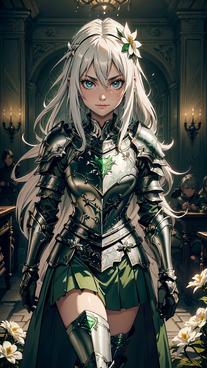 最high quality、Ultra High Definition, Ultra High Quality, Hyper Definition, Hyper Quality, Hyper Detailed, Extremely Detailed, Perfectly Detailed, Best image quality、masterpiece、woman((20-year-old、  Noble Armor, Green glowing eyes, Silver long Hair、Disheveled Hair、Long White Hair、thin, Glove、Green Skirt,  Smirk、Hair White Flower Barrette、Armored With Full Coverage Noble Plate Armor, Leg Armor,)),high quality、Beautiful art、background((Inside the mansion))、Written boundary depth、movie、Visual Arts、Perfect art、8K,Genuine、