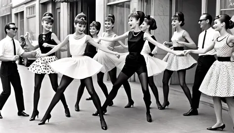 neat and cute women in 1960s fashion、dancing rock and roll、audrey hepburn