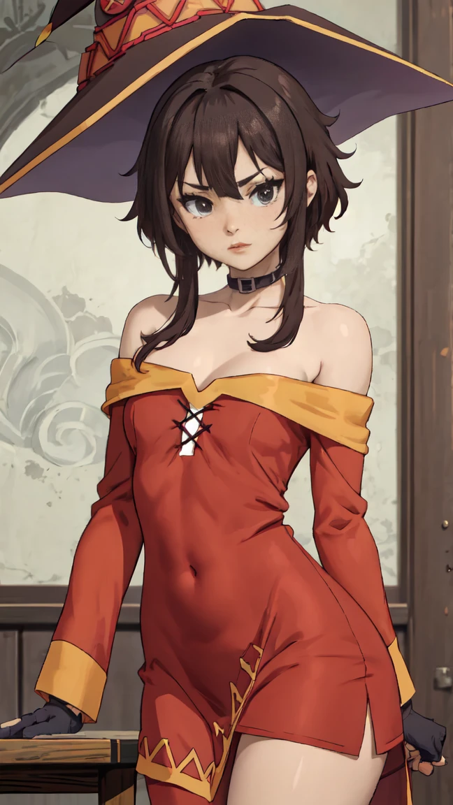 Artgerm, table, Best quality, extremely detailed, table, Best quality, Megumin, 1 girl in, bare shoulders, beautiful buttocks, стоит опершись о table, nude, very sexy, Black e.g, black gloves, black hair, e.g, necklace, clavicle, dress, hair between eyes, It has, long sleeves, I look at the viewer, Medium hair, off shoulder dress, off the shoulders, Red dress, Red eyes, side locks, One, witch hat, in room