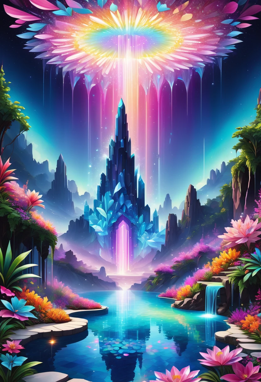 Um paraíso etéreo de pétalas pastel, cristais em cascata, e um brilho, piscina cristalina refletindo um caleidoscópio de luz neon.Splash art hiperdetalhado e intrincadamente detalhado