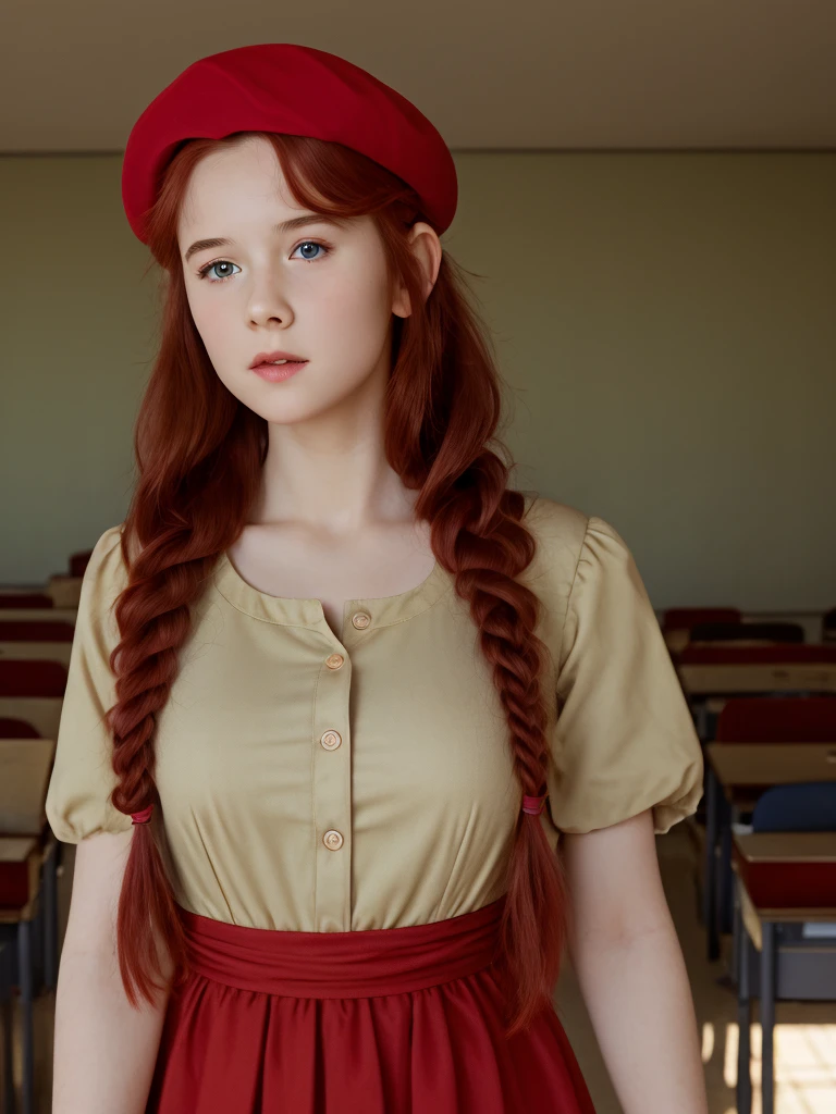 (masterpiece, best quality, cinematic, volumetric lighting, very detailed, high resolution, sharp, sharp image, 4k, 8k, 35 mm, one girl), ((a girl in classroom, she wears long dress and beret, shy, braided red hair, pale skin)), ((slim body, very large bust size for her young age))