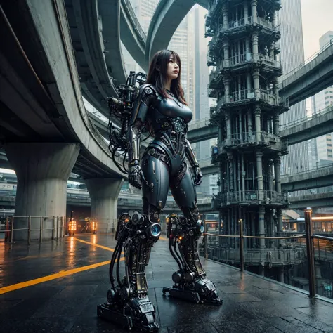 Japanese woman equipped with a simple prototype reinforced exoskeleton under development at a secret base, super realism, realis...