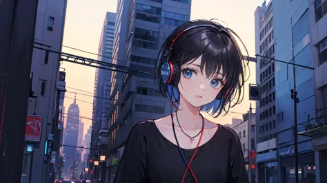 black short hair, black clothing, one adult woman looking sideways ,blue headphones、 city of night, delicate background、masterpi...