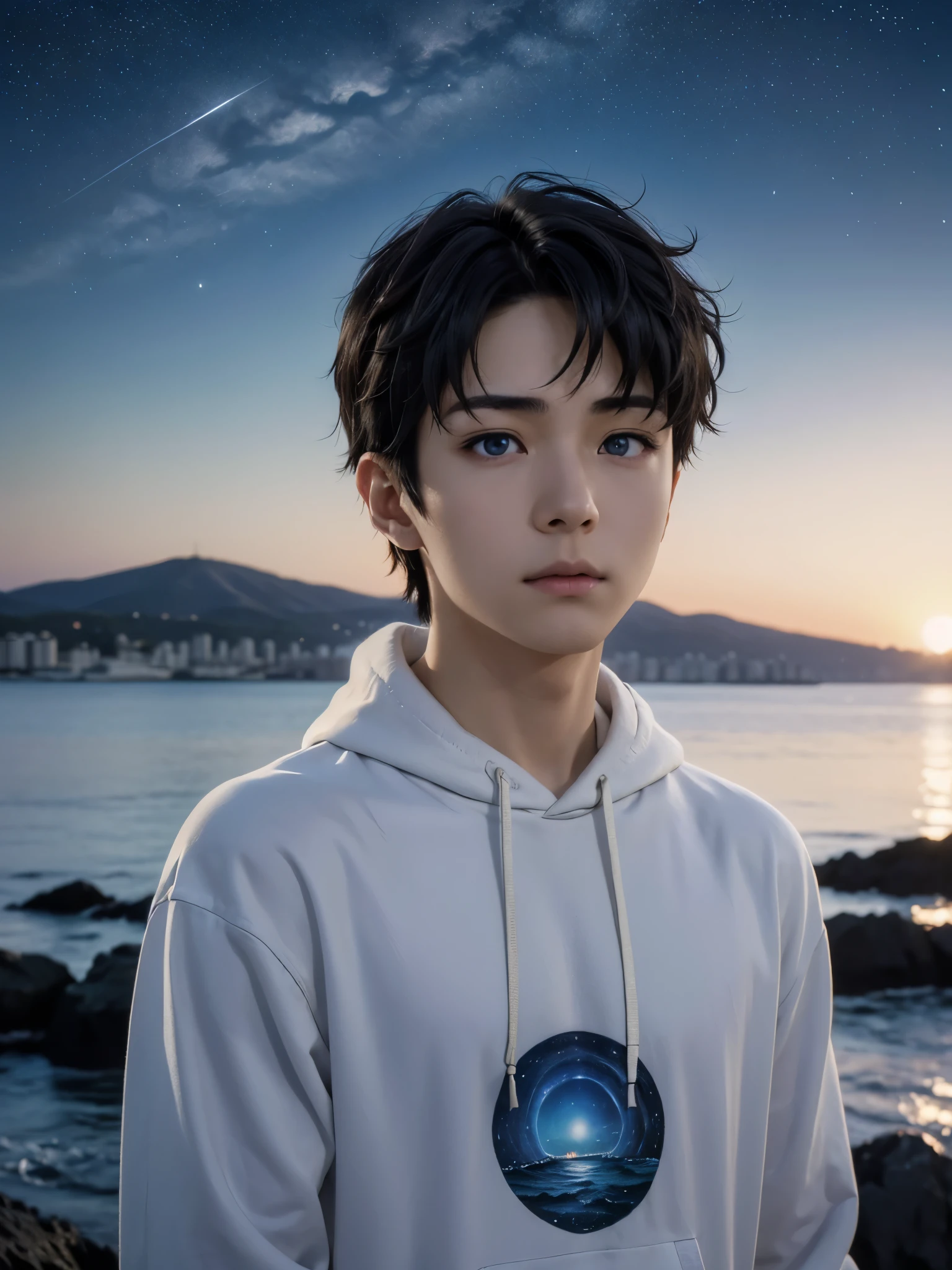 photorealistic, masterpiece, 8K, HD, portrait, closing up on face, intricate details, soft lighting, absurdres, realistic anime style, yuzuru hanyu, a handsome japanese boy, student, 15 years old, cute, gentle, wistful gaze, melancholic, timid, detailed face, ocean blue eyes, dark eyes, balanced eyes, detailed eyes, looking up, looking at the sky, wearing hoodie and shirt, casual wear, fair skin, pale skin, slim, black hair, smooth hair, wavy hair, outdoors, dock, sea, lighthouse, dawn, stars, constellation, cosmical, dreamy world, surrealism, ethereal