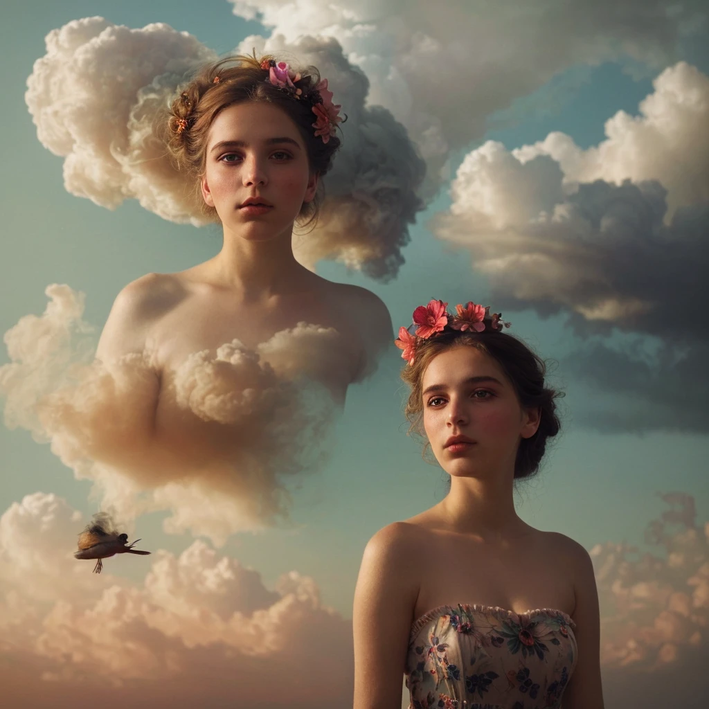 there is a woman with a flower in her hair and a cloud in her face, monia merlo, in clouds of smoke, inspired by Elsa Bleda, by irakli nadar, beautiful surreal portrait, inspired by Oleg Oprisco, girl clouds, floating in smoke, cloud goddess, inspired by irakli nadar, surreal portrait photography, atmospheric portrait
